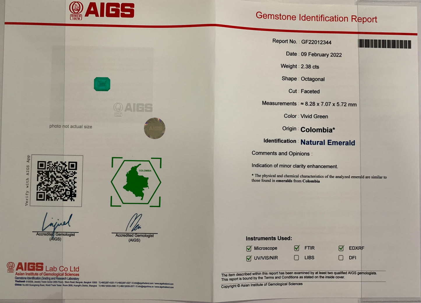 AIGS - 2.38 cts Vivid Green Colombian Emerald.